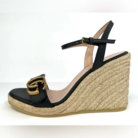 Gucci Galassia Aitana Lifford Black Leather Wedge Double G Logo Sandals EU 35 - Picture 10 of 14